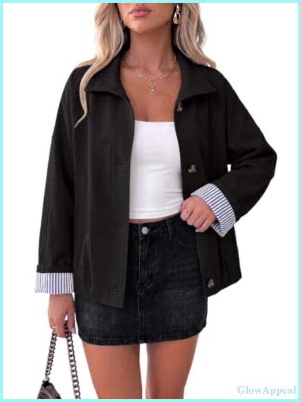 Cropped Trench Coat with Striped Lining - Lightweight Casual Jacket